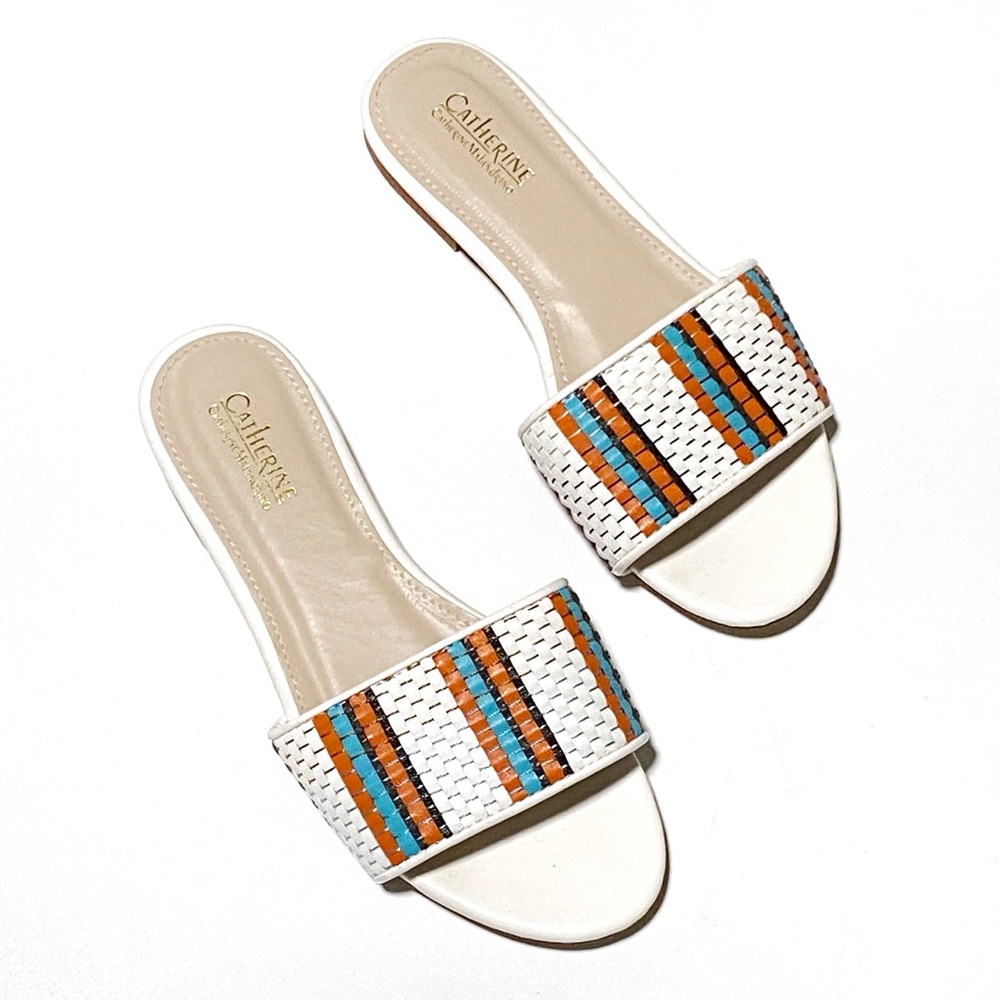Catherine Malandrino Roya Slip On Woven Faux Leather Sandals Size 6.5 White